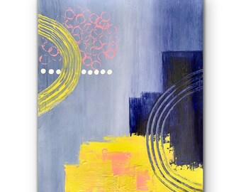 May include: Abstract painting with yellow, blue, and pink shapes. The painting features a large yellow shape with a curved line and a smaller pink shape with a cluster of circles. The background is a light blue color.