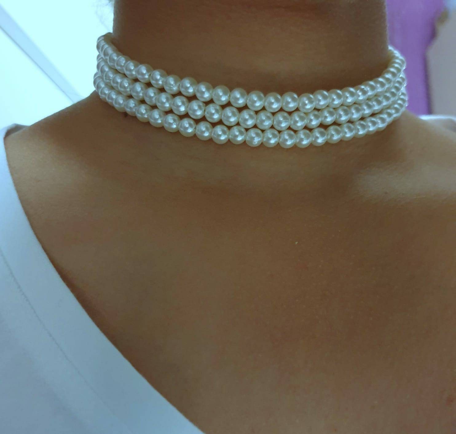 16 Glass Faux White Pearl Knotted Bead Choker Classic Simple Coquette  Necklace