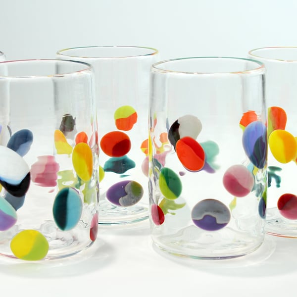 Handblown Glass Tumbler with Multicolor Murrine Dots. 1 single glass.