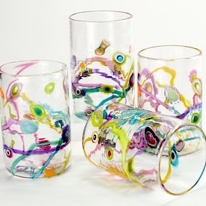 Set of 4 Party Glasses, Happy glass, fun barware, handmade, great for gifts, water glasses,Juice glasses price is for a set of four glasses.