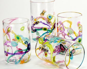 Set of 4 Party Glasses, Happy glass, fun barware, handmade, great for gifts, water glasses,Juice glasses price is for a set of four glasses.