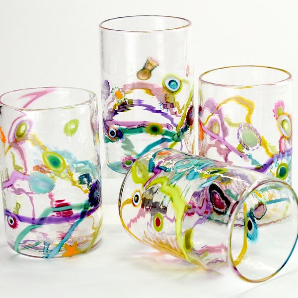 Set of 4 Party Glasses, Happy glass, fun barware, handmade, great for gifts, water glasses,Juice glasses price is for a set of four glasses.