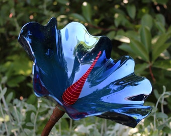 Blown Glass Silver Blue Garden Flower