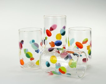 4, 50/50 glass tumblers Handblown glassware,  Fun barware, great for gifts, water glasses, cocktails  Juice glasses, price is for 4 glasses.