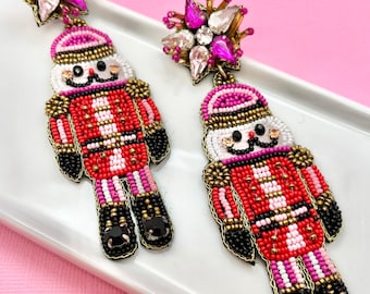 Pink and Red Nutcracker Beaded Earrings, Christmas Earrings, Secret Santa, Stocking Stuffers, Holiday, Christmas Party, Teacher Gift, Santa