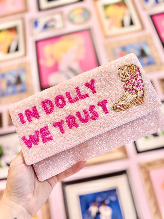 In Dolly We Trust Pink Beaded Envelope Clutch with Gold Crossbody Chain