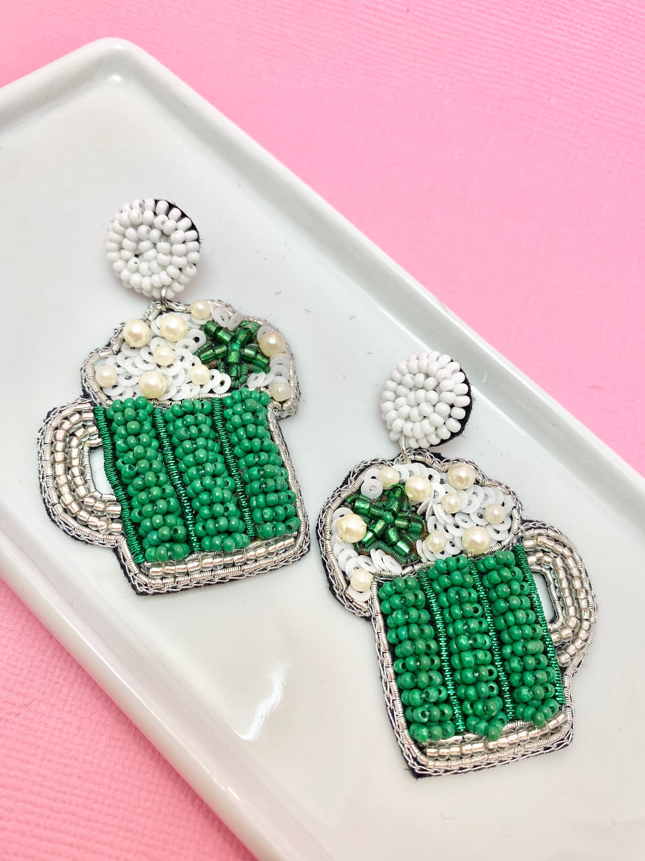 St Pat's Earrings Irish Earrings St Patrick's Day Green Beer Earrings Women's Earrings Green Beer Jewelry Beaded Earrings