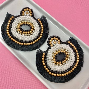 Black, Gold and White Beaded Earrings with Fringe Detail, Spring Summer Earrings, Spring Break, Mother&#39;s Day Gift Idea, Gift Idea for Mom