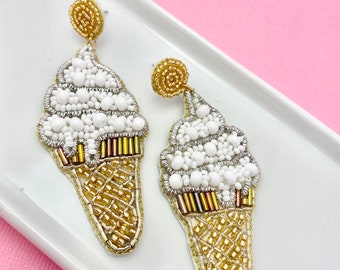 Vanilla Ice Cream Cone Beaded Earrings, Summer, Vacation Jewelry, Ice Cream Earrings, Teacher Gift Idea, Gift for Mom, Mother's Day Gift