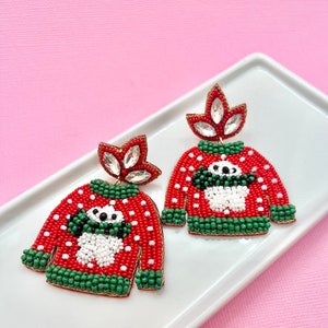 Beaded Penguin Ugly Christmas Sweater Earrings: Holiday Party