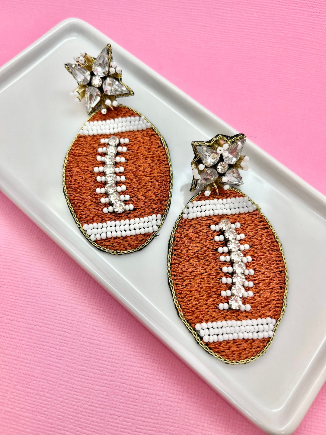 Beaded Football Earrings Game Day Teacher Coach Football Etsy