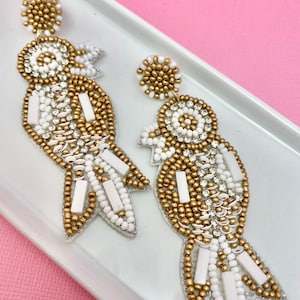 White & Gold Tropical Bird Beaded Earrings, Tiki, Tropical, Enchanted Tiki Room, Animal Kingdom, Gift Idea for Mom, Mother's Day Gift