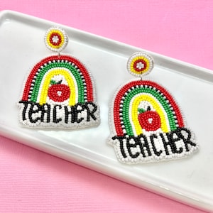 Rainbow Teacher Beaded Earrings, Teacher Earrings, Teacher Gift, Teacher Appreciation, Back to School, Elementary Teacher image 1