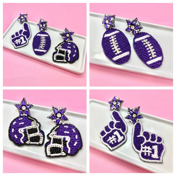 Purple and White Game Day Football Earrings, Football Helmet, Foam Finger, Football Mom, Football Earrings