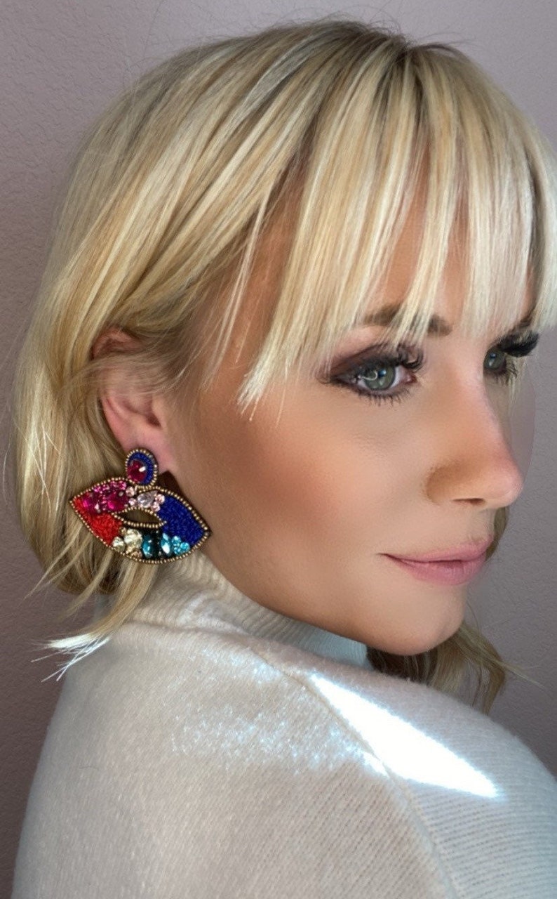 Beaded and Rhinestone Rainbow Lip Earrings Girls Weekend Etsy