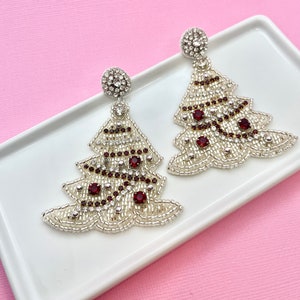 White Christmas Tree Beaded Earrings, Christmas Earrings, Holiday Earrings, Stocking Stuffer, White Elephant, Secret Santa Gift, Santa