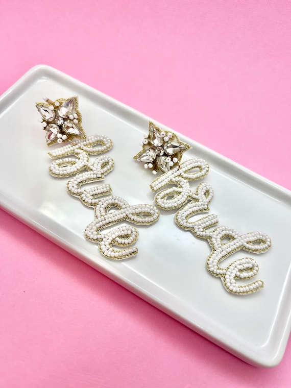 Buy Beaded Bride Earrings: Cursive Bridal Shower Jewelry Online in