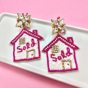 Beaded House Earrings: Pink Realtor &quot;Sold&quot; Closing Gift