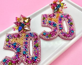 50th Birthday Beaded Earrings, Milestone Birthday, 50 Earrings, 50th Birthday Gift, 50th Birthday Party, Unique Gift Idea for Her