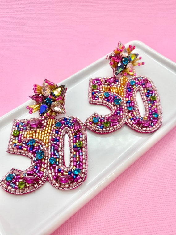 50th Birthday Beaded Earrings, Milestone Birthday, 50 Earrings 