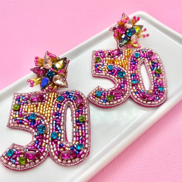 50th Birthday Beaded Earrings, Milestone Birthday, 50 Earrings, 50th Birthday Gift, 50th Birthday Party, Unique Gift Idea for Her