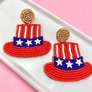 USA Hat Beaded Earrings, America Earrings, Fourth of July, Patriotic Earrings, USA Earrings, Uncle Sam, 4th of July Earrings, Army, Navy