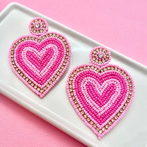Hot Pink Heart Beaded Valentines Day Earrings, Valentines Earrings, Woman&#39;s Earrings, Holiday Earrings, Gifts for Her, xo
