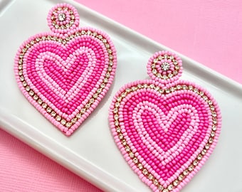 Hot Pink Heart Beaded Valentines Day Earrings, Valentines Earrings, Woman's Earrings, Holiday Earrings, Gifts for Her, xo