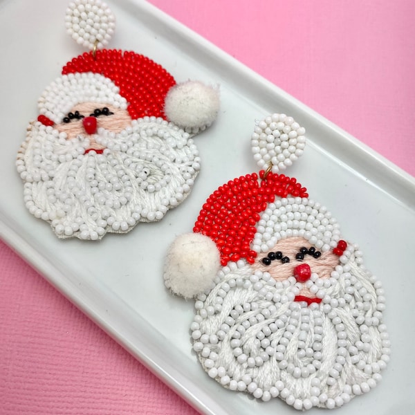 Beaded Jolly Santa Earrings, Christmas Earrings, Stocking Stuffer, Holiday Earrings, Christmas Party, Secret Santa Gift, White Elephant Gift