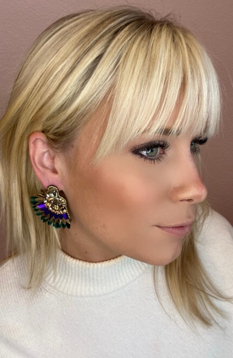 Beaded Crystal Mardi Gras Wing Earrings, Mardi Gras Earrings, Mardi Gras Jewelry, Fat Tuesday Earrings, New Orleans Earrings, Gifts for Her image 3