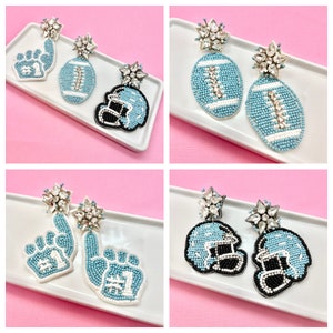 Turquoise Light Blue and White Game Day Football Earrings, Football Helmet, Foam Finger, Football Mom, Football Earrings
