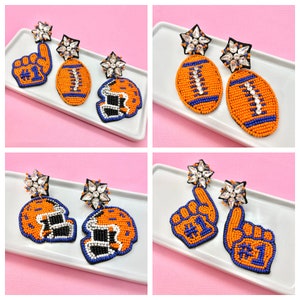 Blue and Orange Game Day Football Earrings, Football Helmet, Foam Finger, Football Mom, Football Earrings