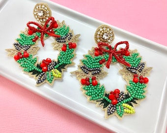 Christmas Wreath Earrings, Christmas Earrings, Secret Santa Gift, Stocking Stuffers, Holiday, Christmas Party, Teacher Gift, Santa Earrings