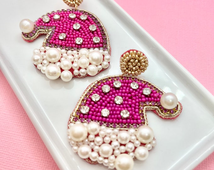 Pink Beaded and Pearl Santa Hat Earrings Christmas Earrings Etsy