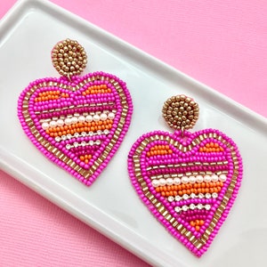 Pink and Orange Heart Beaded Valentines Day Earrings, Valentines Earrings, Woman&#39;s Earrings, Holiday Earrings, Gifts for Her, xo