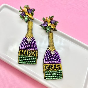 Mardi Gras Bling Champagne Beaded Earrings, Mardi Gras Earrings, Mardi Gras Jewelry, Fat Tuesday Earrings, New Orleans Earrings, Beer