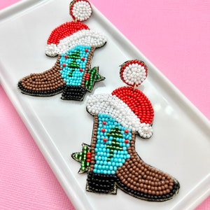 Beaded Christmas Santa Cowboy Boot Earrings, Santa Earrings, White Elephant, Stocking Stuffer, Gift for Her, Christmas Party, Secret Santa image 1