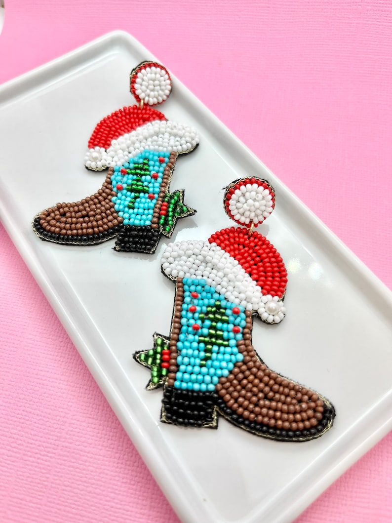 Beaded Christmas Santa Cowboy Boot Earrings, Santa Earrings, White Elephant, Stocking Stuffer, Gift for Her, Christmas Party, Secret Santa image 1