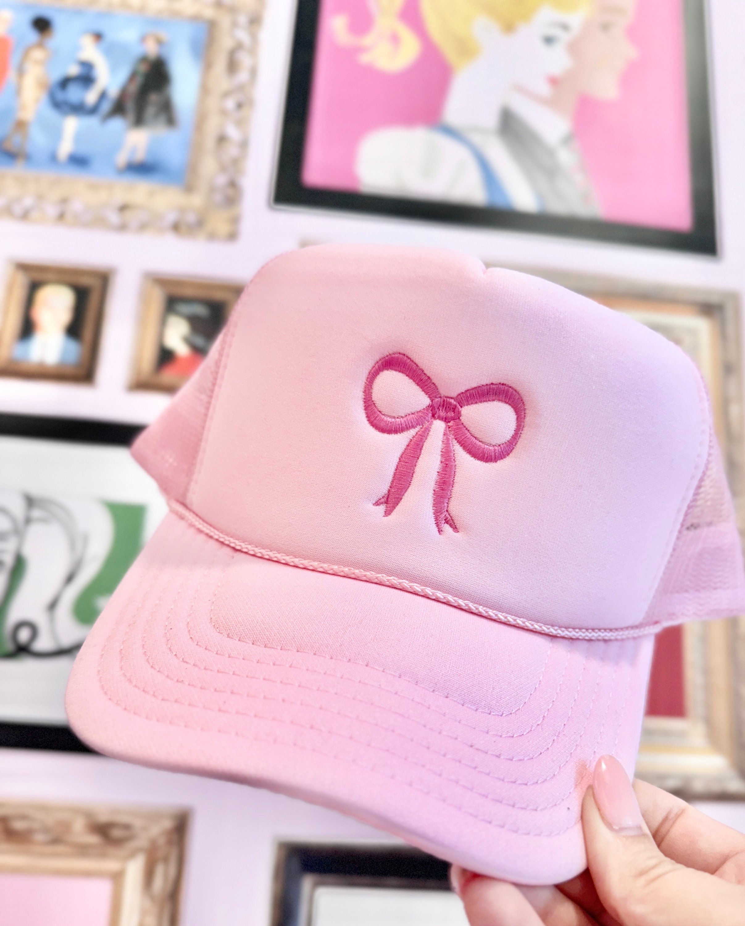 Embroidered Pink Bow Trucker Hat, Bow Hat, Pink Bow Baseball  display picture 2