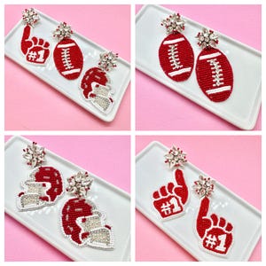 Red and White Game Day Football Earrings, Football Helmet, Foam Finger, Football Mom, Football Earrings, School Color Earrings, Pep Rally