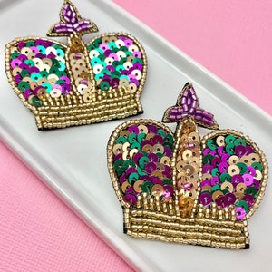 Mardi Gras Crown Beaded Earrings, Mardi Gras Earrings, Mardi Gras Jewelry, Fat Tuesday Earrings, New Orleans Earrings, Gifts for Her