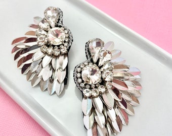 Silver Crystal Wing Earrings, Homecoming, Wedding, Angel Wing, Winged, Bride, Prom, Gift Idea for Mom, Mother's Day Gift, Barbiecore