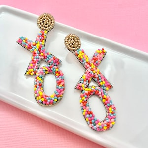 xo Bright Beaded Valentines Day Earrings, Valentines Earrings, Woman&#39;s Earrings, Holiday Earrings, Gifts for Her, Statement Earrings, xo