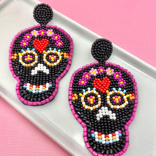 Black Beaded Sugar Skull Earrings, Halloween Earrings, Skeleton Earrings, Day of the Dead, Dia de la Muerte, Cinco de Mayo, Witch Earrings