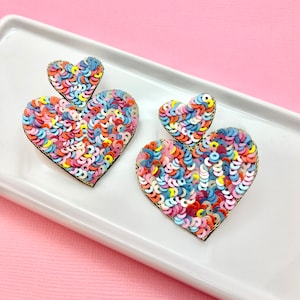 Rainbow Heart Sequin Valentines Day Earrings, Valentines Earrings, Woman&#39;s Earrings, Holiday Earrings, Gifts for Her, xo