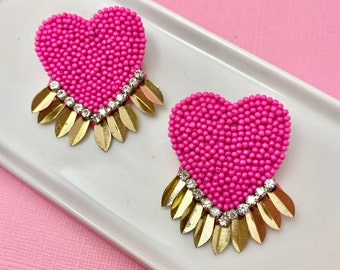 Hot Pink Beaded Heart Earrings, Heart Earrings, Valentines Day Earrings, Valentines Day Gift, Gift Idea for Her, Statement Earrings