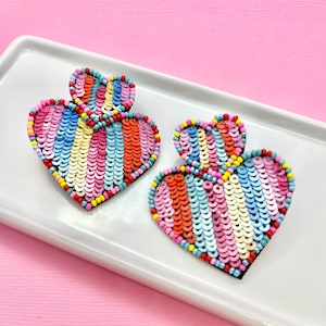 Rainbow Heart Sequin Beaded Earrings, Valentines Day Earrings, Valentines Day Gift, Heart Earrings, Barbiecore, Statement Earrings