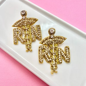 Gold Beaded RN Earrings: Surgical Steel Nurse Gift
