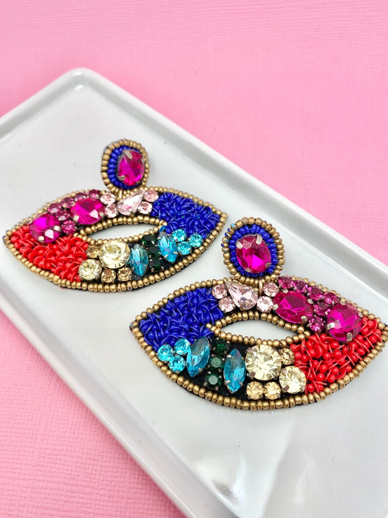 Beaded and Rhinestone Rainbow Lip Earrings Girls Weekend Etsy