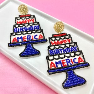 Happy Birthday America Cake Beaded Earrings, Fourth of July, USA, 4th of July Earrings, America Earrings, USA Earrings, 4th of July party